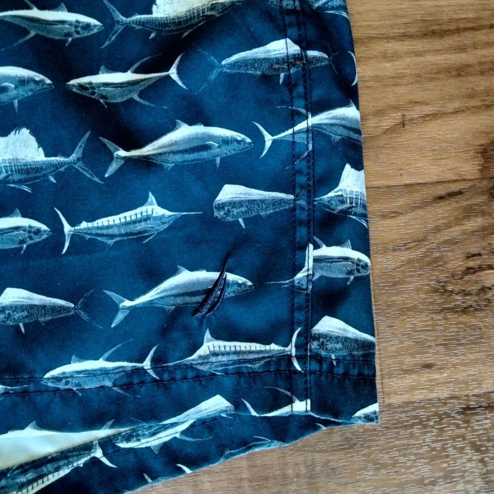 Nautica Swim Trunks Mens L Navy Blue Board Shorts Logo Swordfish All Over Print - Picture 2 of 9